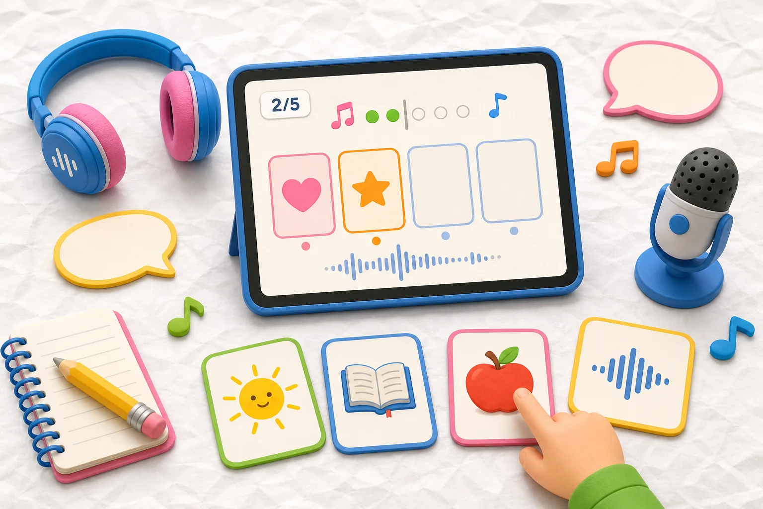 Cartoon vocabulary cards, microphone, and tablet for ESL rhythm practice