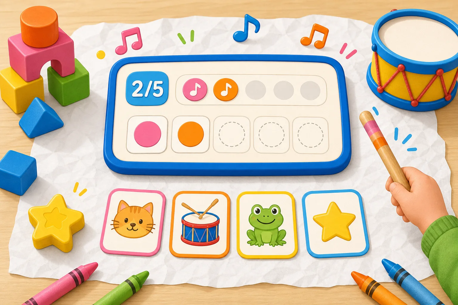 Cartoon kids rhythm game board with toys, blocks, and colorful cards