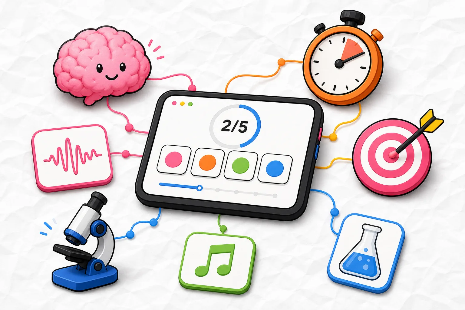 Cartoon brain, stopwatch, science icons, and rhythm game tablet